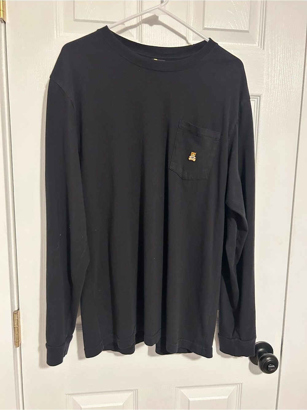 Teddy Fresh Black Long-Sleeve Pocket Tee with Gold Bear Patch